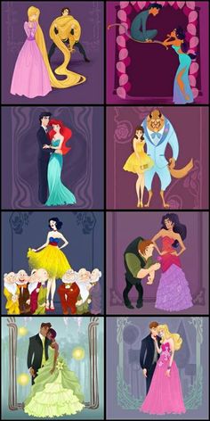 disney princess and prince dancing together in their ballroom outfits, with the caption's names below them