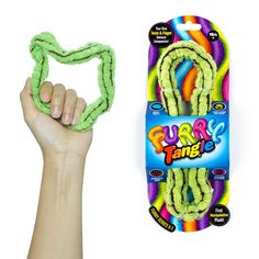 a hand holding a neon colored rope toy in front of a package of flurry tape