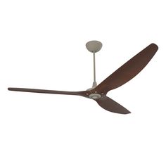 a ceiling fan with two wooden blades on the blade and one light bulb attached to it