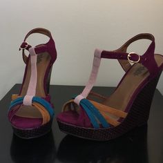 Colorful Purple, Turquoise, Tan And Lilac Strappy Wedge Shoe. 5” Wedge. Never Worn. Purple Wedge Heel Sandals In Synthetic Material, Purple Synthetic Wedge Heel Sandals, Purple Wedge Heel Sandals For Beach, Purple Platform Wedge Sandals For The Beach, Casual Purple Round Toe Wedge Sandals, Purple Platform Wedge Sandals, Purple Wedges, Silver Wedge Sandals, Brown Wedge Heels