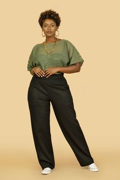 JIBRI High Waist Wide Leg Slacks Back zipper Chic side pockets Fabrication: Suiting Casual Teacher Outfits, Plus Size Business Attire, Leg Pants Outfit, Plus Size Fall Outfit, Look Plus Size, Office Outfits Women, Stripe Tee, Interview Outfit, Teacher Outfits