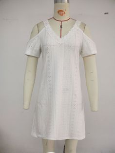 Women's 2024 Sumer Boho Dress V-Neck Hollow Out Short Sleeve Mini Dress Stretch V-neck Mini Dress For Vacation, Summer V-neck Shift Mini Dress, Summer V-neck Shift Dress, White Split Neck Casual Dress, White Casual Dress With Split Neck, Summer Shift V-neck Mini Dress, Summer Shift Mini Dress With V-neck, Summer Shift Dress With Split Neck, Shift V-neck Mini Dress For Summer