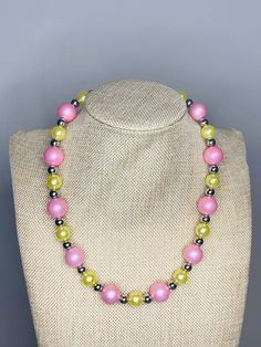 The necklace is 19 inches 3-inch extender  Yellow Glitter beads are acrylic and 10mm Pink beads are 15MM and acrylic Silver beads are silver and acrylic Big Necklaces, Awesome Crafts, Big Necklace, Yellow Glitter, Etsy Marketing, Necklace Chunky, Necklace Statement, Pink Beads, Bride Jewellery