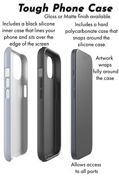 three different types of cell phones are shown in this graphic above the text, tough phone case includes a black or matte finish available