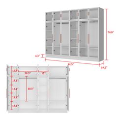 the measurements for an open storage cabinet with doors and shelves on each side, along with additional shelving units