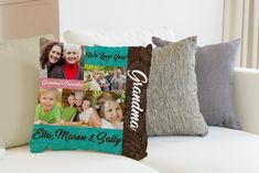 two pillows with family photos on them are sitting on a couch in the living room