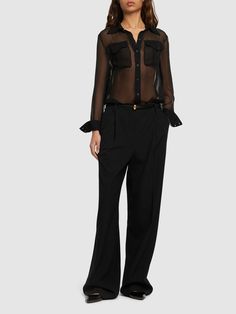 Front button closure. Button cuffs. Side splits at hem. Two breast flap patch pockets. Unlined. Model is wearing a size40 Side Splits, Alberta Ferretti, Chiffon Shirt, Silk Chiffon, Black Women, Top Brands, Chiffon, Silk, Luxury Fashion