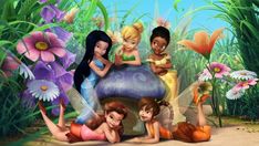 the disney princesses are sitting in front of a mushroom with daisies and flowers