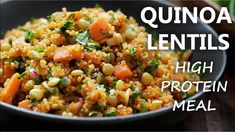 quinoa and lentils high protein meal in a black bowl on a wooden table