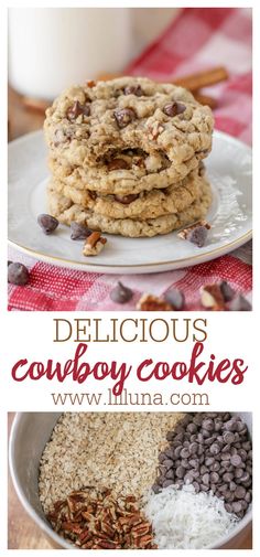 cookies and chocolate chips are stacked on top of each other with the words delicious cowboy cookies