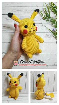 the crocheted pikachu doll is shown in three different pictures