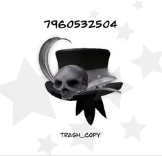 a black and white photo of a skull wearing a top hat with stars in the background