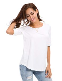 PRICES MAY VARY. ❤ Cotton Tshirts Curved Hem: The curve on the hem is flattering, it comes in at the waistline like in the photo, making it feel feminine and not boxy ❤ FEATURES: Round neck cotton T shirts, middle sleeve summer cool tunic tshirts blank, 8 colors ( Black, White, Grey, Rose red, Pink, Navy Blue, Wind Red and Peacock Green). Simple but elegant design, soft comfortable material, looks great in your shape, makes you more charming ❤ OCCASION: Daily, Dating, Parties, Offices, Business, Fitted T Shirt, Summer Basics, Casual Shirt Women, Tops Fashion, Round Neck Tees, Solid Tops, Comfy Tees, Women Tops, Casual Fits