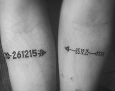 two tattoos with numbers and arrows on their legs