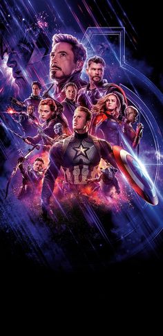 the avengers movie poster is shown in purple and blue colors, with an image of captain america