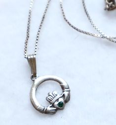 Vintage Sterling Silver Claddagh Pendant Necklace TJH Emerald Stone Irish Celtic Celtic Signs, Antique Jewelry Necklace, Irish Celtic, Emerald Stone, Dublin Ireland, Box Chain, Vintage Watches, Vintage Sterling Silver, A Box