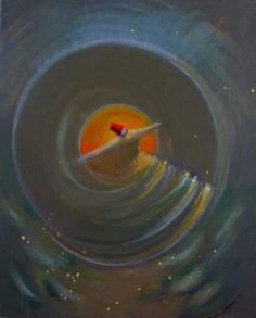 an oil painting of a plane flying in the sky with water and sun behind it