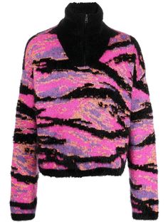 pink/black tiger print full jacquard high neck half front zip fastening drop shoulder long sleeves straight hem When buying this unisex item, keep in mind that it is graded in standard men's sizing. Pull Rose, Black Tiger, Jacquard Sweater, Half Zip Sweaters, Pink Camo, Jacquard Knit, Tiger Print, Sweater Sale, Sweater Making