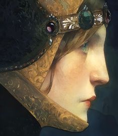 a painting of a woman wearing a helmet with jewels on it's head and eyes