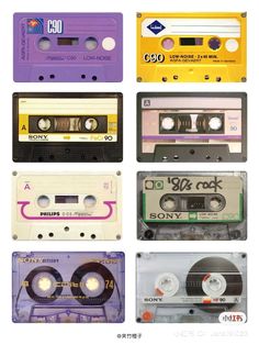 cassette tapes are arranged in different colors and sizes, with the words'80s'written on them