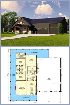 two story house plans with an open floor plan, and a garage on the other side