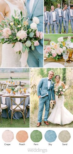 wedding color palettes for the bride and groom in blue, pink, green, yellow