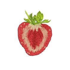 a red and white strawberry with green leaves on it's top, sitting in front of a white background