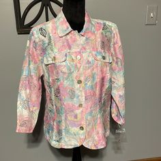 A Traditional Shirt Jacket In All Over Printed Burnout, In Bright Floral, 3/4 Sleeve, Perfect For Year Round Wear Relaxed Fit Outerwear With 3/4 Sleeve For Spring, Multicolor Casual Spring Outerwear, Casual Multicolor Spring Outerwear, Spring Outerwear With Button Closure And 3/4 Sleeve, Casual Multicolor Outerwear For Spring, Multicolor Collared Spring Outerwear, Collared Multicolor Spring Outerwear, Trendy Spring Outerwear With 3/4 Sleeves, Trendy 3/4 Sleeve Spring Outerwear