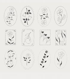 nine flower designs drawn in black and white on a sheet of paper with circles around them