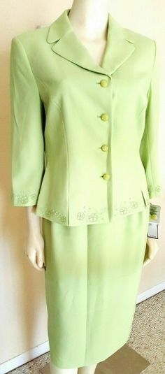 THIS AUCTION IS FOR ONE SET OF BRAND NEW KASPER WOMEN'S GREEN EMBROIEDED &  BEADED ELEGANT, FASHION, SEXY AND STYLISH SUIT JACKET & SKIRT SET  RETAIL PRICE :$159.99 JACKET: EMBROIEDED HEM AND ARM                  BUTTON CLOSURE FRONT                  LONG SLEEVES                   NIPPED WAIST                 1 BUTTON CUFFS                 LIGHT PADDED ON SHOULDERS                 FULL LINED SKIRT:    FULL LINED                 ELASTIC WAIST BAND                ZIPPER CLOSURE BACK WITH BUTTON Fitted Formal Sets For Spring, Spring Formal Fitted Sets, Green Fitted Elegant Sets, Formal Long Sleeve Sets For Spring, Green Fitted Evening Suit, Elegant Long Sleeve Sets For Spring Formal Occasions, Spring Formal Sets With Long Sleeves, Elegant Semi-formal Sets For Spring, Green Notch Lapel Evening Suit