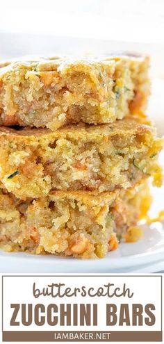 three pieces of zucchini bars stacked on top of each other in front of the words butterscotch zucchini bars