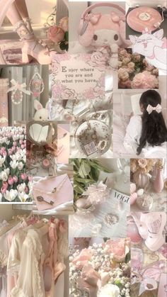 a collage of pink and white items