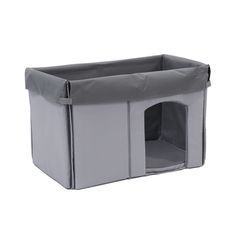 a gray dog house that is open and ready to be used as a pet bed