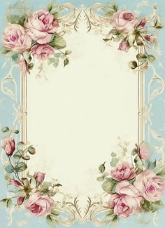 an ornate frame with pink roses and leaves on a light blue background is the center piece of this image