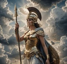 a woman dressed in ancient greek clothing holding a spear and shield with clouds behind her