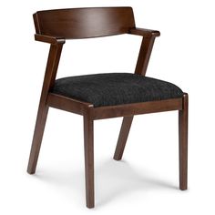 a wooden chair with black upholstered seat and armrests, viewed from the front