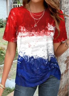 #shortsleeve #red #white #blue #stylish #roundneck #flag #stylishblouse #modernblouse Blue Shirts Women, Red White And Blue Shirts, Las Vegas Outfit Summer, Color T Shirt, Color Twist, Blue Shirts, Flag Outfit, Vegas Outfit, Womens Trendy Tops