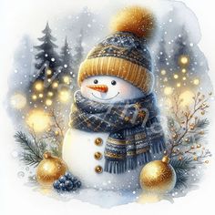 a snowman wearing a hat and scarf next to christmas ornaments in the snow with lights behind it