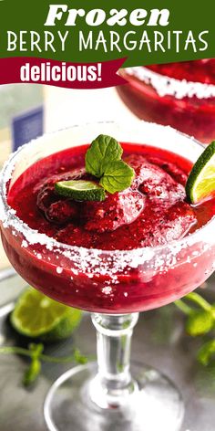 the frozen berry margarita is garnished with lime and sugar