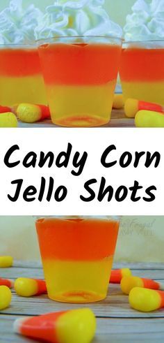 candy corn jello shots in plastic cups with candy candies on the bottom and inside