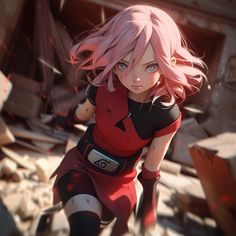 an anime character in red and black outfit with pink hair, running through rubbles