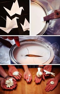 the process of making an origami bird out of paper and cut it into smaller pieces