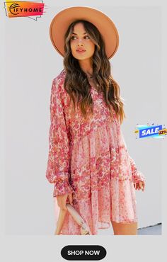 Pink Bubble Sleeve Floral Print Dress Pink Chiffon Dress For Fall, Flowy Long Sleeve Dress For Dress Down Spring Events, Flowy Long Sleeve Dress For Casual Spring Occasions, Spring Flowy Long Sleeve Dress, Flowy Long Sleeve Spring Dress, Flowy Long Sleeve Floral Dress For Casual Wear, Long Sleeve Chiffon Dress For Day Out, Chiffon Long Sleeve Midi Dress For Day Out, Long Sleeve Chiffon Midi Dress For Day Out