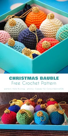 crocheted christmas bauble ornaments in a blue box with text overlay