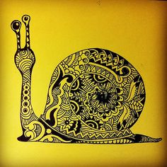 a black and white drawing of a snail on a yellow background with the words, i love snails