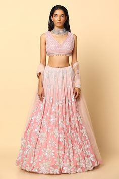 Buy Green Organza Embroidery Sequin V Neck Juliet Floral Bridal Lehenga Set For Women by Studio Iris India Online at Aza Fashions. Grey Lehenga, Pearl Embroidery, Net Lehenga, Bridal Lehengas