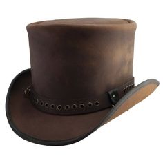 Hand Crafted Leather Premium Quality Leather Hat , Each Hat is Hand made  Description: we have multiple options in leather Color : Black , Dark Brown , Distress Brown , White , Silver , Maroon Redish  , Greenish Green ,  Tan Brown * High-Quality Craftsmanship handmade * Real Leather * 100% pure leather Sizing: XS 54 CM S 55-56 CM M 57-58 CM L 59 CM XL 60 CM XXL 61-62 CM Heads come in all sizes, and in a lots variety of shapes. Although high quality hats are adaptable, and will usually conform to differences in shape with a little wearing, it is essential that the size be correct for the head. To determine your hat size, measure the circumference around your head, keeping the tape level and firm, across the temples and above the eyebrow ridges. Check the size chart given below. For in-betwe Brown Leather Hat, Leather Top Hat, Steampunk Top, Steampunk Top Hat, Brown Leather Top, Victorian Hats, Steampunk Hat, Leather Hat, Leather Hats