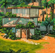 an artist's rendering of a modern house in the jungle with trees and plants