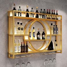 a wall shelf with wine glasses and bottles on it