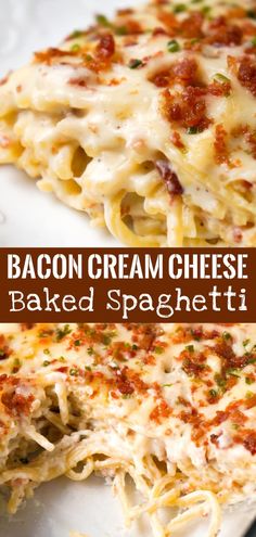 bacon cream cheese baked spaghetti casserole is cut in half on a white plate